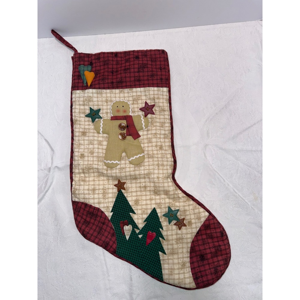 Quilted Gingerbread Man Christmas Stocking Primitive Rustic Plaid Stars 19 Inch